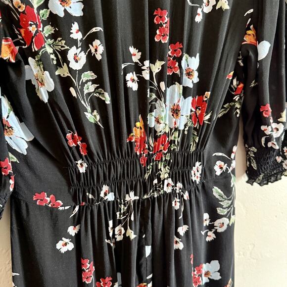 Banana Republic Size 8 Dress - Black Floral Midi Cinched Waist 3/4 Sleeve - Picture 9 of 10
